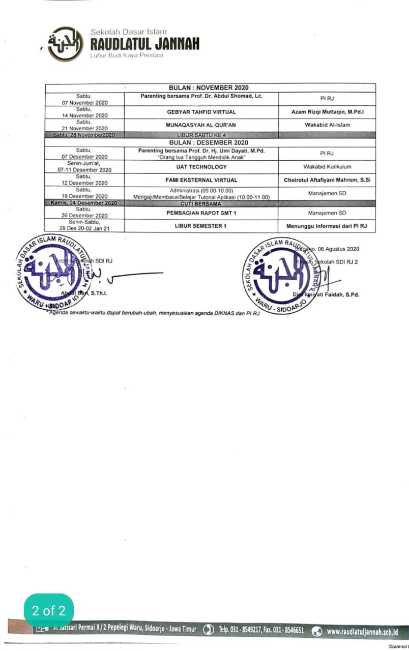 Agenda SD Raudlatul Jannah TA. 2020/2021